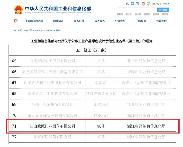 以环保产品践行绿色发展 | 江山欧派入选国家级工业产品绿色设计示范企业